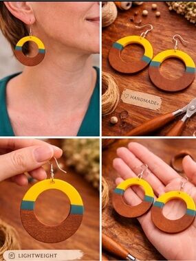 Handmade Yellow, Teal & Brown Wooden Hoop large Earrings
